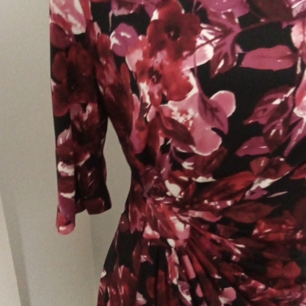 Deep Burgundy Flowered Faux-Wrap Dress Size 12 EUC Connected Apparel